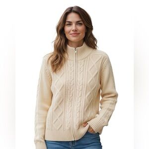 Macy’s Young Collector 100% Wool Cable Knit Zip Cardigan Size M Cream